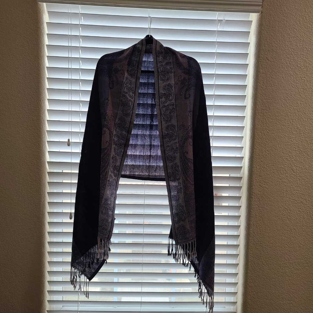 Long Blue Jacquard Weave Paisley Design Wrap/Scarf with tassels